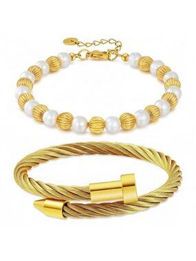 2PCS 18K Gold Plated Nail Bangle & beaded Bracelet Set for Women, Adjustable